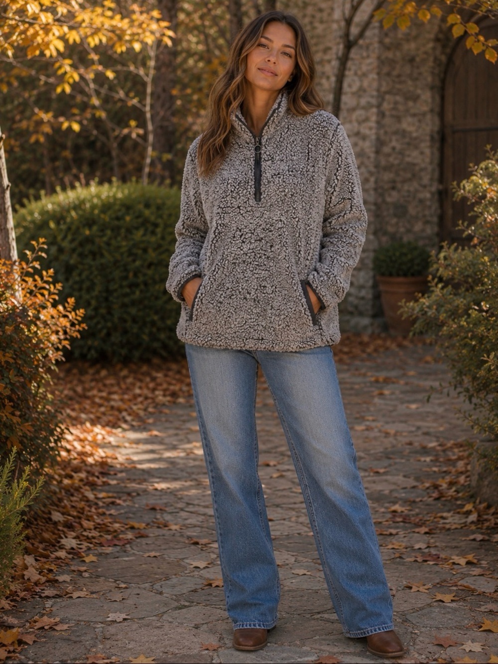 Thread & Supply Gray Teddy Half-Zip Pullover Jacket